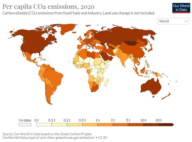 Global map of CO2 emissions per capita in 2020