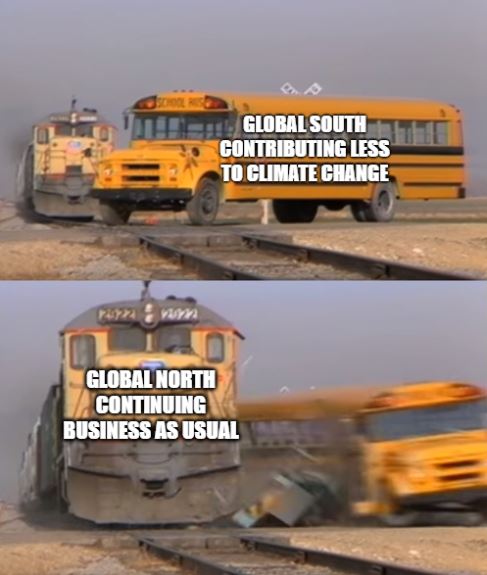Meme: bus vs train
Bus: Global South contributing less to climate change
Train: Global North continuing business as usual
Train beats bus
